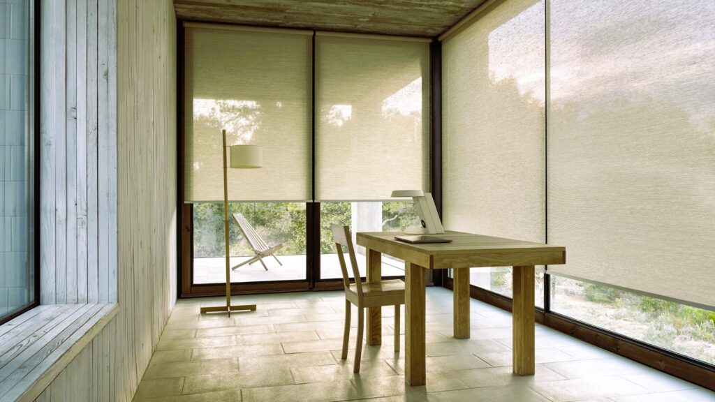 Minimalist office with roller blinds